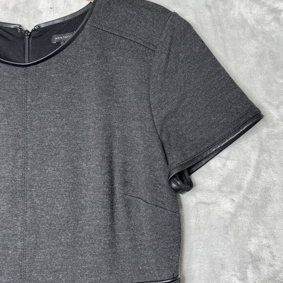 Ann Taylor Dress Womens 6 Gray Short Sleeve Faux Leather Trim Fit Flare Work - Picture 5 of 13